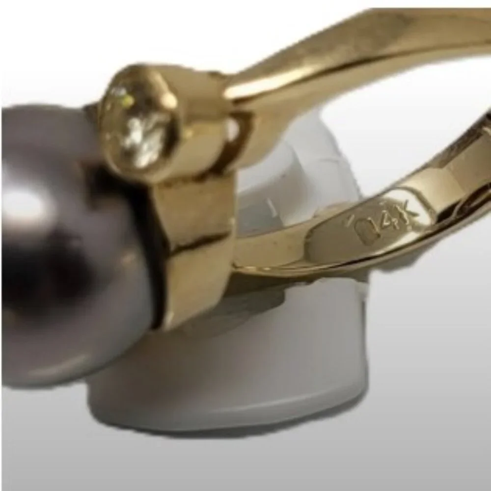 Vintage 14K Gold 12.2mm Black Cultured Pearl & 0.45ct Diamond Ring - Size 7.5
